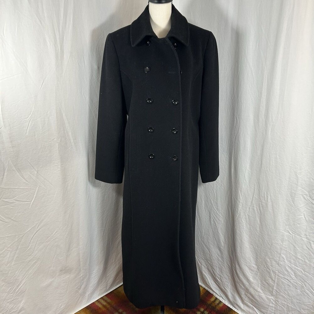 Larry Levine 100% Wool Long Coat Women Sz 10 Black Double Breasted Pea Coat
